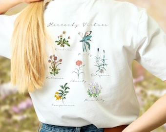 Be Virtuous Botanical T-Shirt | Front and Back Design | Catholic Graphic Tee | Christian Apparel