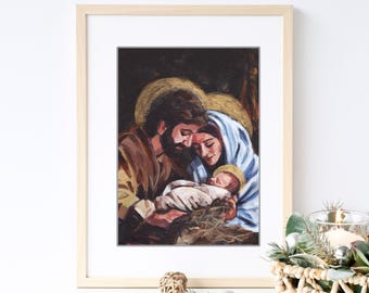 Holy Family Nativity Print| Catholic Painting | Christmas Art | Advent Fine Art Print
