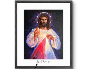 Divine Mercy Jesus Portrait | Catholic Painting  | Religious Home Decor | Fine Art Print | Mat and Frame not included
