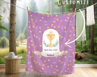 Personalized First Communion Blanket | Sacrament Gift | Holy Eucharist Keepsake | Catholic Velveteen Minky Throw