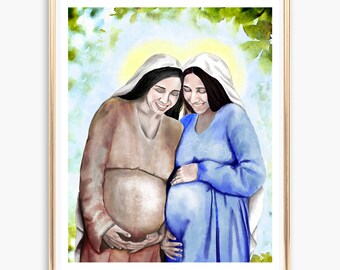 The Visitation of Mary and St Elizabeth Print | Catholic Watercolor| Marian Art | Mary and Jesus | St John the Baptist