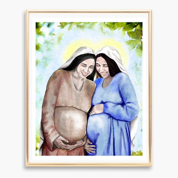 The Visitation of Mary and St Elizabeth Print | Catholic Watercolor| Marian Art | Mary and Jesus | St John the Baptist