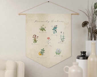 Botanical Virtues Catholic Banner | Religious Pennant | Catholic Educational Wall Hanging | Vintage Garden Art | Antique Floral Illustration