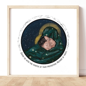 Arte del Manto de María / Impresión de la Madre de la Misericordia / Arte de Nuestra Señora de Guadalupe / Impresión cuadrada de María y Jesús de 8 x 8 / Oración católica