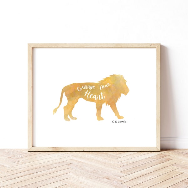 Narnia Aslan Print | C S Lewis Art | Courage Dear Heart Quote | Christian Literature Art| Christian Nursery