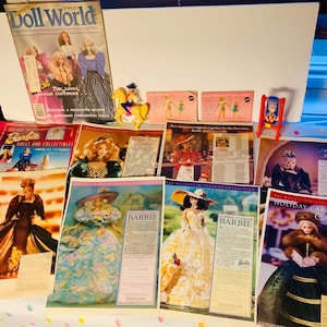 Vintage Lot Barbie Ephemera~2 small figures~vintage magazine cut outs~2 1970 Living Barbie Living Skipper booklets~1987 Doll World Complete