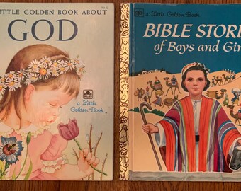 Set of 2 Vintage Little Golden Books Bible Stories of Boys and Girls My Little Golden Book About God