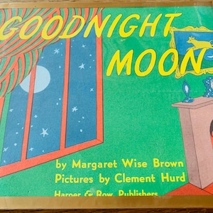 Good Night Moon vintage 80s children’s book written by Margaret Wise Beown pictures by Clement Hurd Ex library copy dust cover hardcover