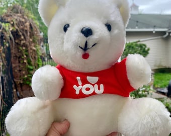Vintage White Teddy Bear Plush Wearing Tshirt Saying I Love You Red Felt Tongue 8.5” 80s Era Habitat Industries