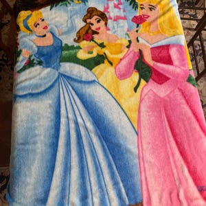 May include: A soft fleece blanket featuring a colorful print of three animated princesses. One wears a blue gown, another a yellow dress, and the third a pink gown. The background displays a castle, green foliage, and small birds, with a pink stitched border.