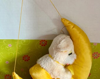 Vintage Fun World Sleeping Bear On Moon Plush Mobile Satin-y 80s Taiwan