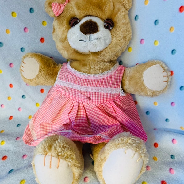 Vintage Bijou Enterprises Girl Teddy Bear Plush 80s Stuffed Animal Sleepy Eyes Pink Bow and Jumper w/white checkers 18”