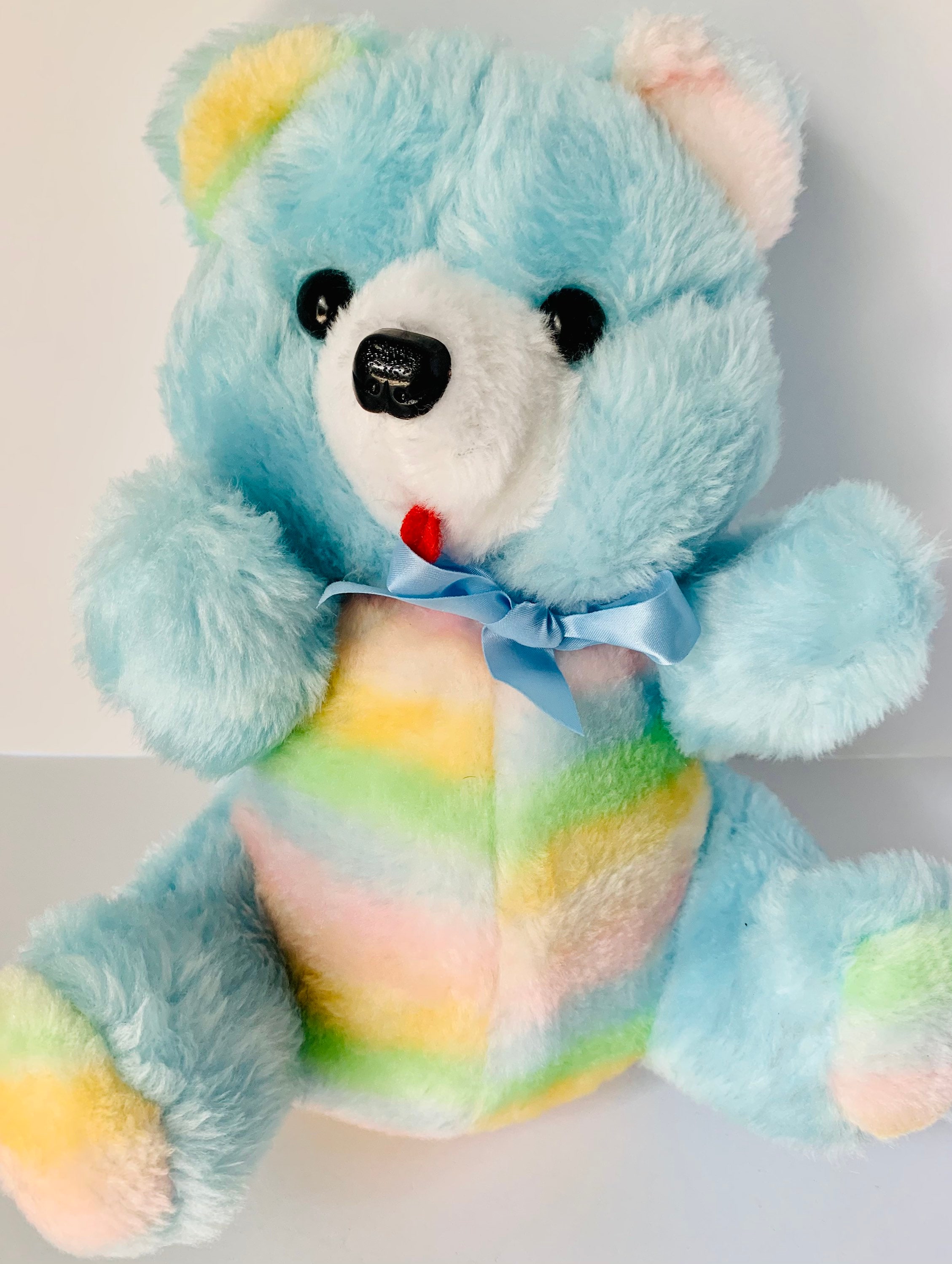 Vintage Rainbow Pastel Teddy Bear Carnival Plush 10 Stuffed Toy Lovey Blue Felt Tongue Etsy
