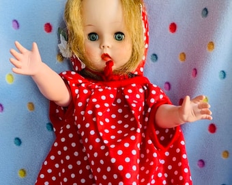 Vintage Horsman 40 Doll 17” in red polka dot hat, cloak and bloomers