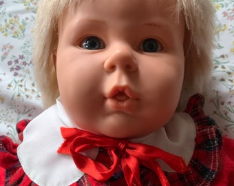 Vintage Berjusa Lifelike Doll 1984 Christmas Outfit approximately 19” Blonde Hair Cloth Body made in Spain