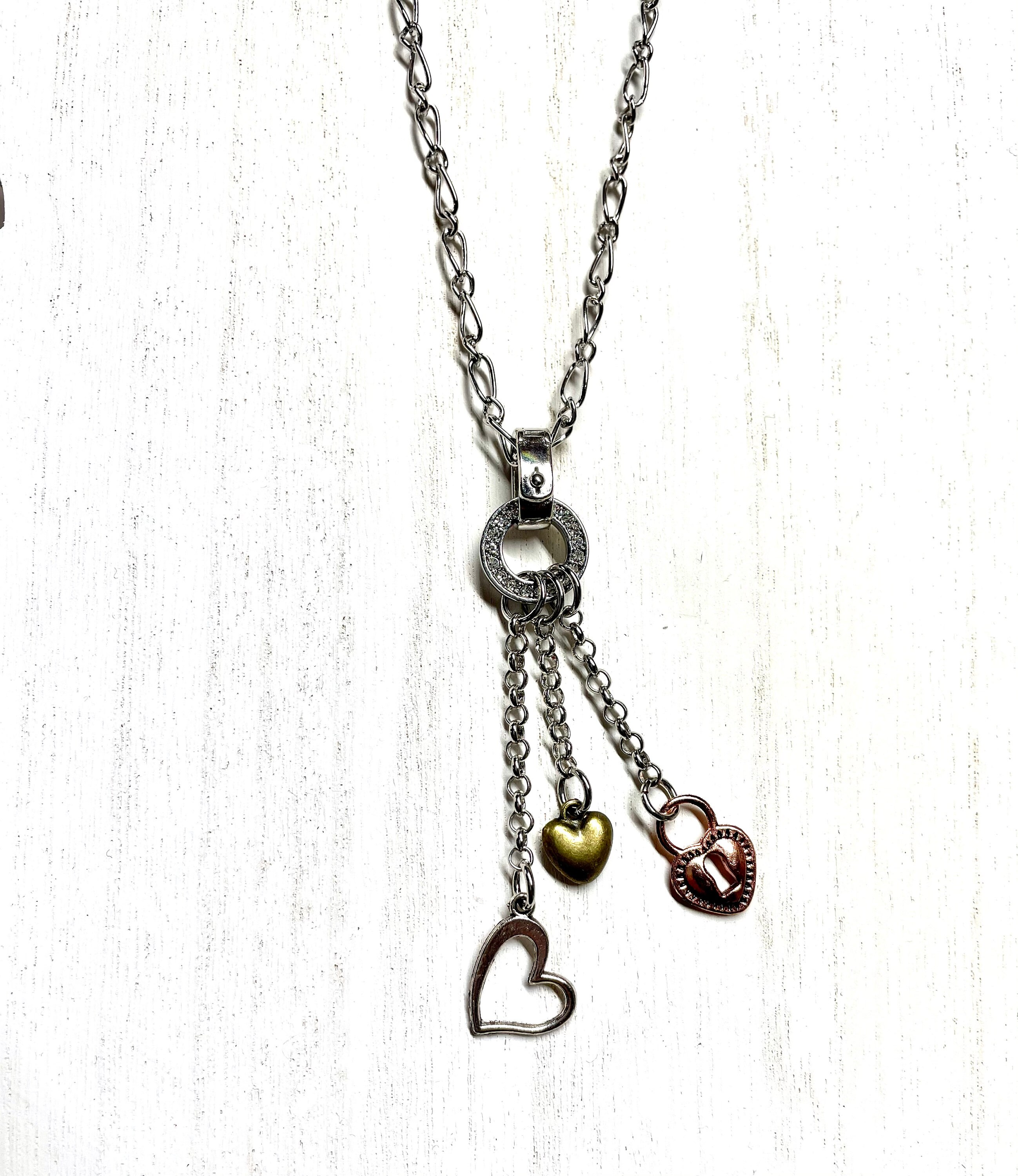 Silver chain necklace with heart charms on a drop pendant Etsy