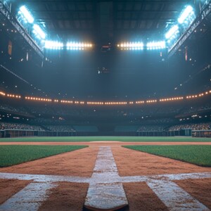May include: A wide-angle view of a baseball stadium at night. The field is lit by bright stadium lights, with the infield dirt and outfield grass clearly visible. The stands are filled with spectators.