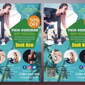 Op de afbeelding: Gym-advertentie met een vrouw die gewichten heft. De flyer heeft een groen en blauw ontwerp met de tekst "This Summer Get Strong" en "Book Now". Bevat social media-iconen en contactgegevens.