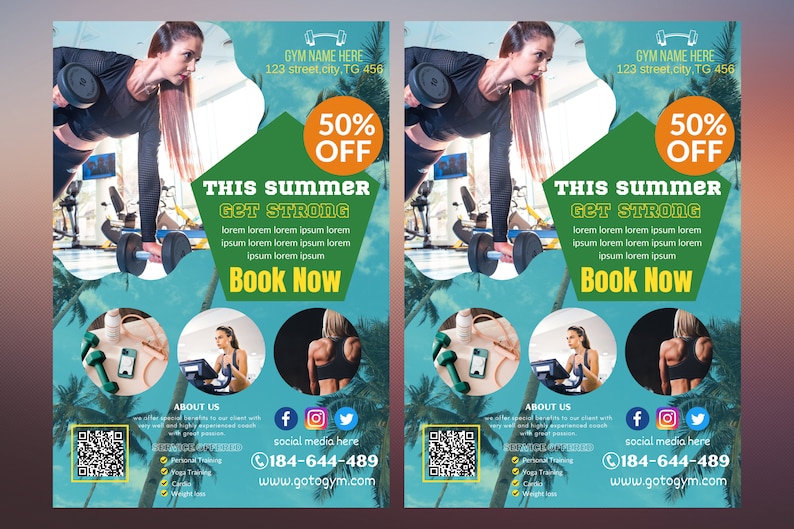 Op de afbeelding: Gym-advertentie met een vrouw die gewichten heft. De flyer heeft een groen en blauw ontwerp met de tekst "This Summer Get Strong" en "Book Now". Bevat social media-iconen en contactgegevens.