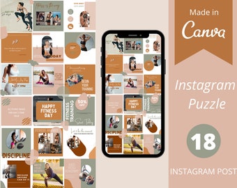Fitness Instagram Puzzle | boho instagram template| canva  |  yoga puzzle template | Health Nutrition | Instant download | trainer| coach