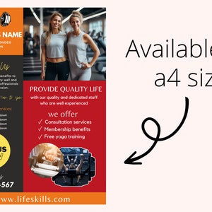 May include: Gym advertisement poster with a black, orange, and red color scheme. The poster includes text, images of people in a gym, and a call to action. The poster is available in a4 size.