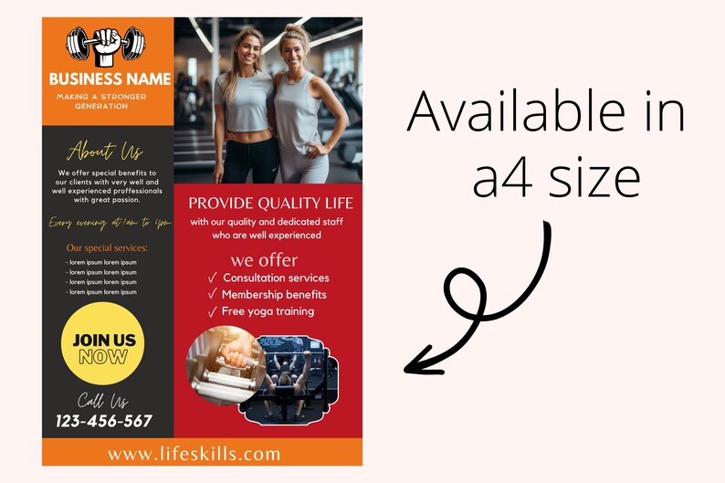 May include: Gym advertisement poster with a black, orange, and red color scheme. The poster includes text, images of people in a gym, and a call to action. The poster is available in a4 size.