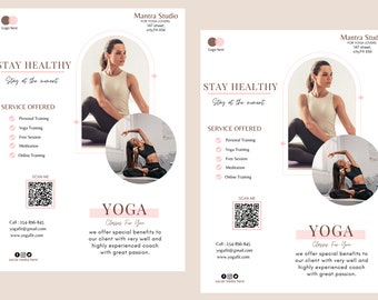 Folleto de salud y yoga (CANVA)/Plantilla de folleto A4/Plantilla de folleto de pérdida de peso/Folleto de fitness imprimible/editable/Folleto de entrenador/Folleto de bricolaje/Folleto de yoga