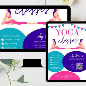 May include: A digital flyer advertising yoga classes. The flyer features two women in yoga poses, a blue and purple color scheme, and the text "YOGA classes".