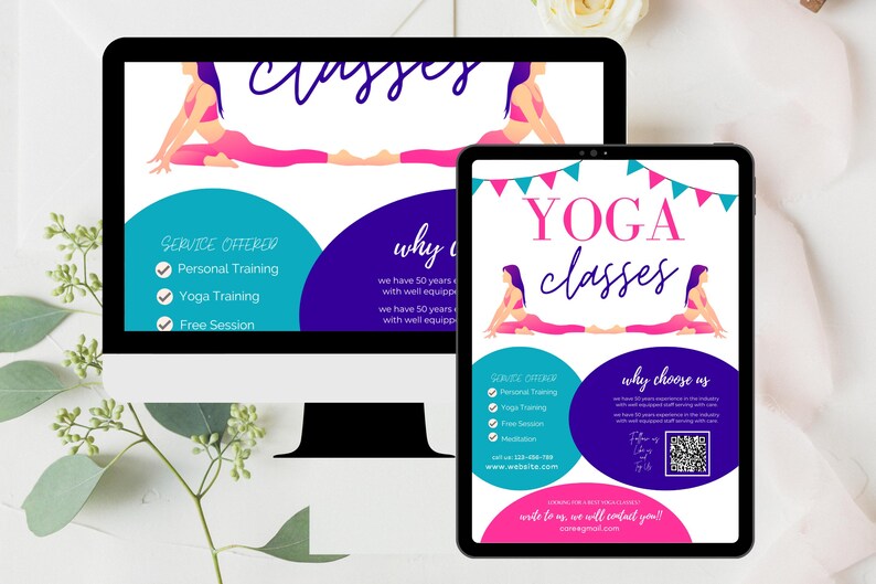 May include: A digital flyer advertising yoga classes. The flyer features two women in yoga poses, a blue and purple color scheme, and the text "YOGA classes".