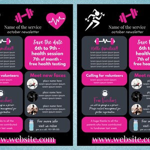 Puede incluir: Un dise&ntilde;o de bolet&iacute;n informativo sobre fitness con fondo negro y acentos rosas y blancos. El dise&ntilde;o incluye cuadros de texto con informaci&oacute;n sobre una sesi&oacute;n de salud, voluntariado y una direcci&oacute;n web.