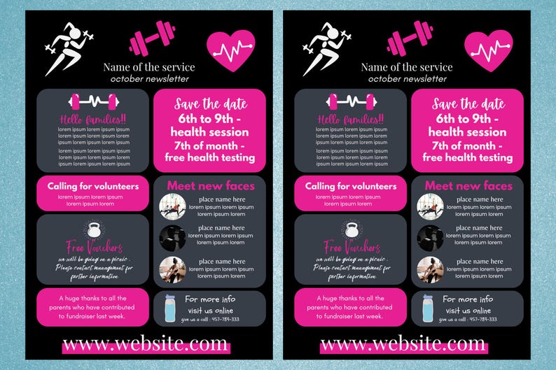 Puede incluir: Un dise&ntilde;o de bolet&iacute;n informativo sobre fitness con fondo negro y acentos rosas y blancos. El dise&ntilde;o incluye cuadros de texto con informaci&oacute;n sobre una sesi&oacute;n de salud, voluntariado y una direcci&oacute;n web.