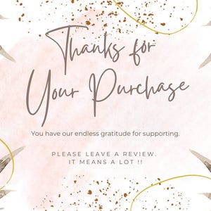以下が含まれることがあります： 水彩デザインのサンキューカード。「Thanks for Your Purchase」の文字は手書き風フォントです。カードはピンクと白の背景に茶色と金のアクセント、葉のイラストが描かれています。