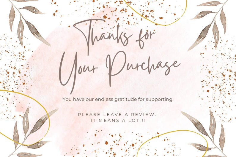以下が含まれることがあります： 水彩デザインのサンキューカード。「Thanks for Your Purchase」の文字は手書き風フォントです。カードはピンクと白の背景に茶色と金のアクセント、葉のイラストが描かれています。