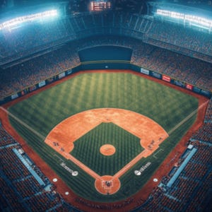 May include: Aerial view of a baseball stadium at night. The field is green with a brown infield and base paths. Stadium seating surrounds the field, filled with spectators. Bright stadium lights illuminate the scene, creating a dramatic atmosphere.