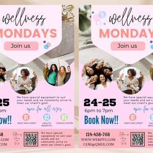 Pu&ograve; includere: Volantino rosa che promuove "Wellness Mondays" con testo e immagini di donne. Include dettagli di prenotazione, informazioni di contatto e descrizioni dei servizi. Il design &egrave; moderno e pulito.