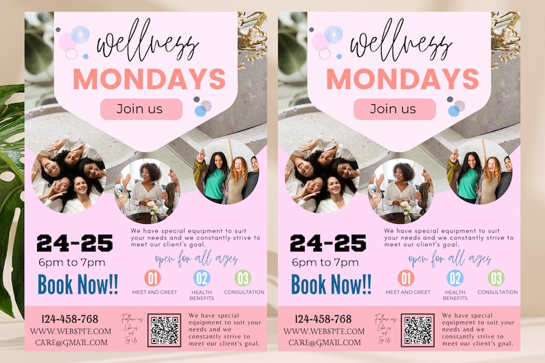 Pu&ograve; includere: Volantino rosa che promuove "Wellness Mondays" con testo e immagini di donne. Include dettagli di prenotazione, informazioni di contatto e descrizioni dei servizi. Il design &egrave; moderno e pulito.
