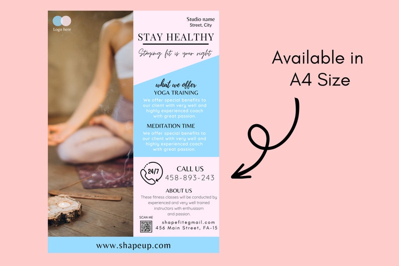 May include: A poster in pink and blue promoting yoga and meditation classes. The text reads "STAY HEALTHY" and "Available in A4 Size". The background features a blurred image of a person in a yoga pose.