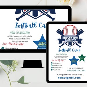 May include: A computer monitor and a tablet displaying a softball camp flyer. The flyer features a baseball graphic, crossed bats, and text including "Display Your Talent!!", "Softball Camp", "How to Register", and contact information.