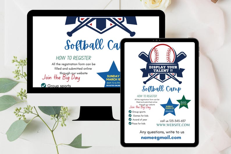 May include: A computer monitor and a tablet displaying a softball camp flyer. The flyer features a baseball graphic, crossed bats, and text including "Display Your Talent!!", "Softball Camp", "How to Register", and contact information.