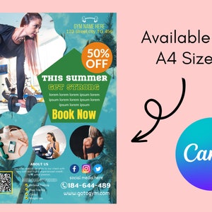 Op de afbeelding: Een fitness flyer met een vrouw die gewichten heft, ter promotie van een zomer fitnessprogramma. De flyer bevat de tekst "This Summer Get Strong" en "Book Now". Er is ook een 50% kortingsactie en social media iconen.