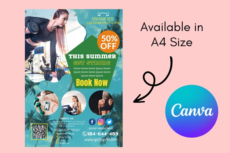 Op de afbeelding: Een fitness flyer met een vrouw die gewichten heft, ter promotie van een zomer fitnessprogramma. De flyer bevat de tekst "This Summer Get Strong" en "Book Now". Er is ook een 50% kortingsactie en social media iconen.