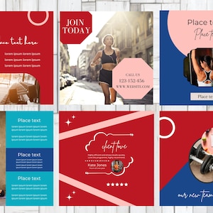 Peut inclure: Une collection de six modèles carrés pour réseaux sociaux sur le thème du fitness. Les designs intègrent des blocs de couleurs rouge, bleu et rose, des formes géométriques et du texte fictif. Les images montrent du matériel de sport.