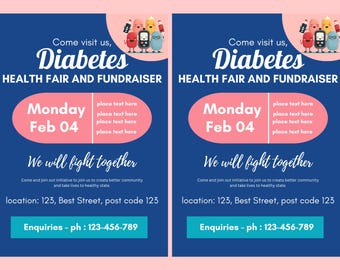 Health Diabetes FLYER CANVA| A4 Flyer template |health poster| editable |diy | Diabetes fundraiser flyer |nurse|digital |instant download