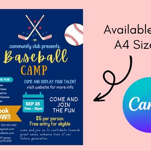 May include: A navy blue baseball camp flyer with crossed baseball bats and a baseball graphic. The flyer includes the text "Baseball Camp", "Book Now!!", and event details. Available in A4 size.