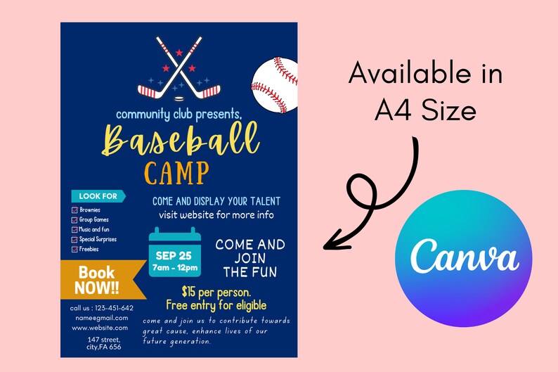 May include: A navy blue baseball camp flyer with crossed baseball bats and a baseball graphic. The flyer includes the text "Baseball Camp", "Book Now!!", and event details. Available in A4 size.