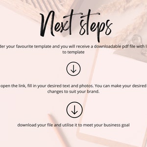 May include: A light beige clipboard with the words "Next steps" in black script. The text below describes the process of ordering a template, opening a link, and downloading a file. Two downward arrows are included.