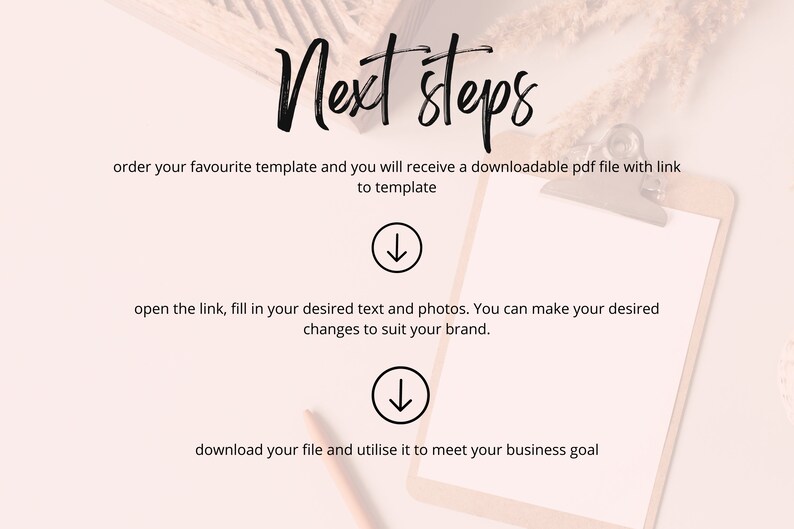 May include: A light beige clipboard with the words "Next steps" in black script. The text below describes the process of ordering a template, opening a link, and downloading a file. Two downward arrows are included.