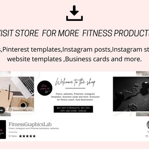 May include: A website screenshot showing a fitness graphics lab shop with a variety of products including flyers, Instagram posts, and website templates. The shop offers a 25% discount on purchases of 5 or more products. The text "Welcome to the shop" is displayed in a handwritten font.