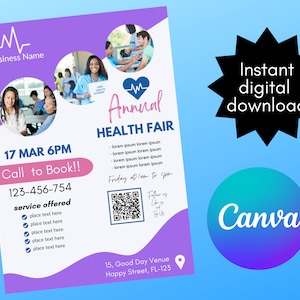 Health Fair FLYER CANVA| A4 Flyer template |health poster|editable flyer|diy health fair flyer|digital| clinic template| instant download