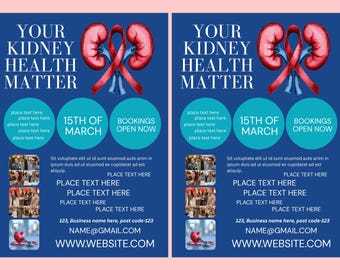 Kidney Health FLYER CANVA| A4 Flyer template |health poster| editable flyer |diy | kidney disease flyer|digital| clinic| instant download